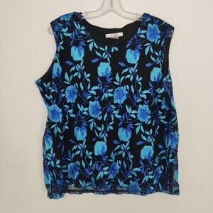 TanJay Black Blue Floral Embroidered Mesh Sleeveless Blouse Top XL